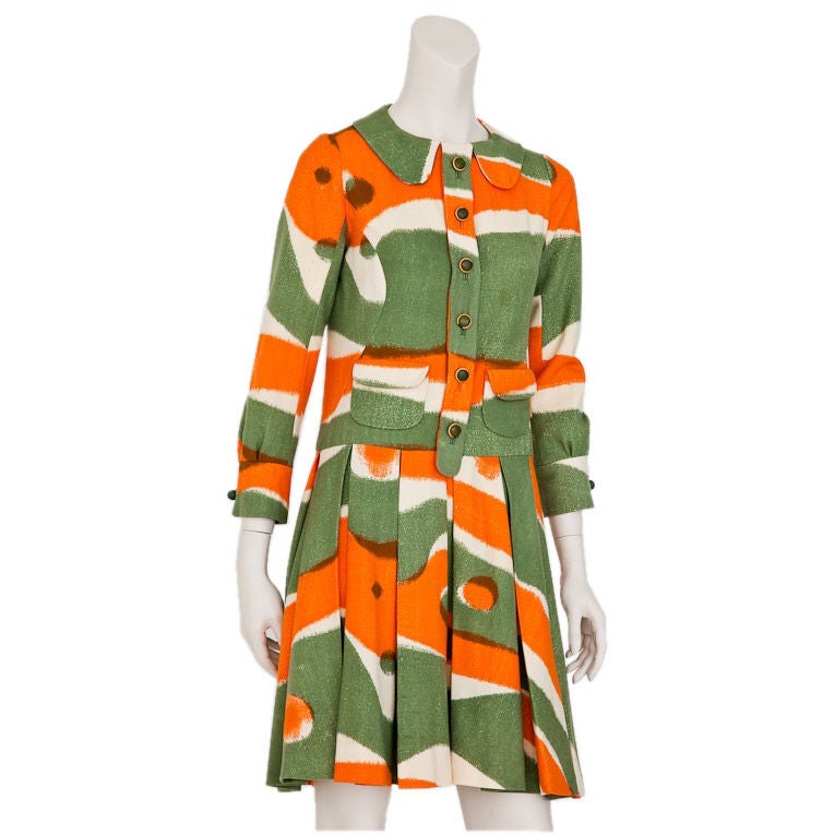 Ungaro Green + orange graphic print wool day dress late  60's