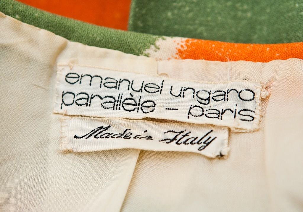 Women's Ungaro Green + orange graphic print wool day dress late  60's
