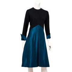 Geoffrey Beene black wool jersey and teal iridescent satin dress