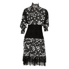 Vintage Valentino Black + White flocked Velvet dress with Lace detail