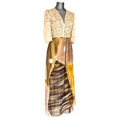 Vintage Mary McFadden Hand painted silk chiffon and gold lace dress