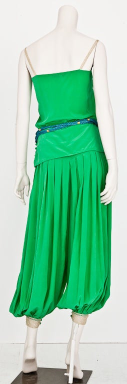 Jacques Molko 2 piece green silk + gold lame harem pant & top