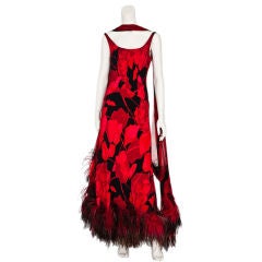 Red + black floral print evening dress with feathered hem