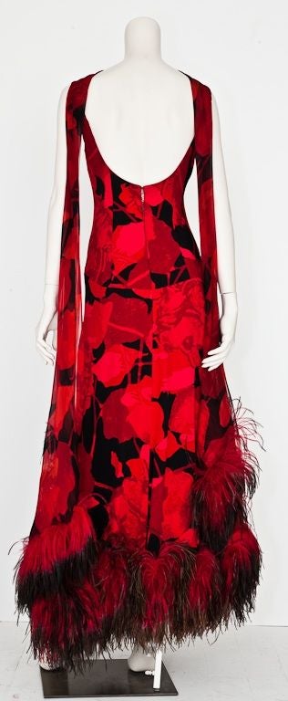 Red + black floral print evening dress with feathered hem at 1stdibs