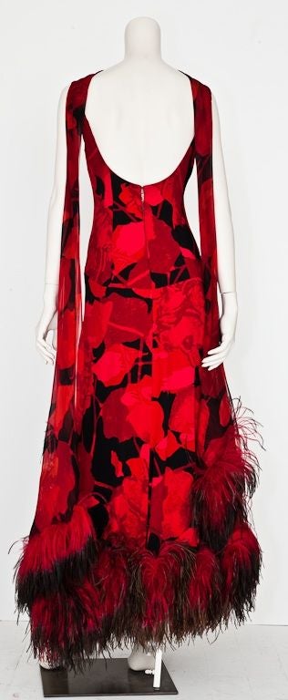 Red + black floral print evening dress with feathered hem