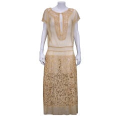 Antique Exceptional French 1920s Cotton Tulle and Needle Lace Dress.