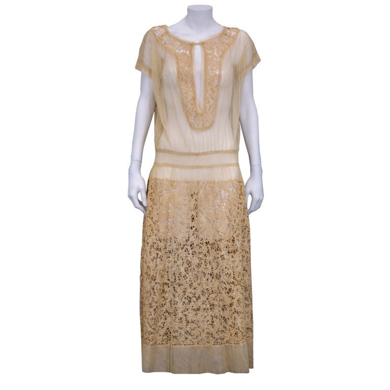 Exceptional French 1920s Cotton Tulle and Needle Lace Dress.