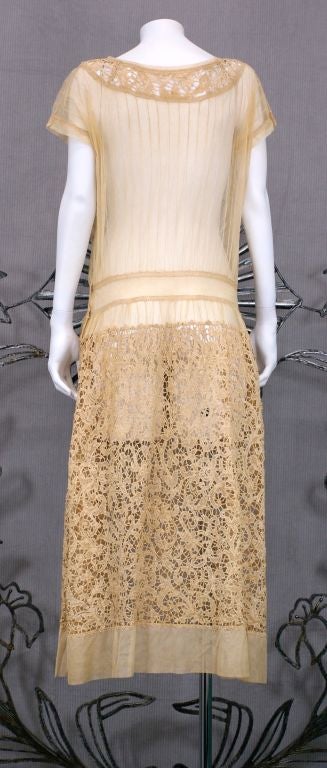Women's Exceptional French 1920s Cotton Tulle and Needle Lace Dress.