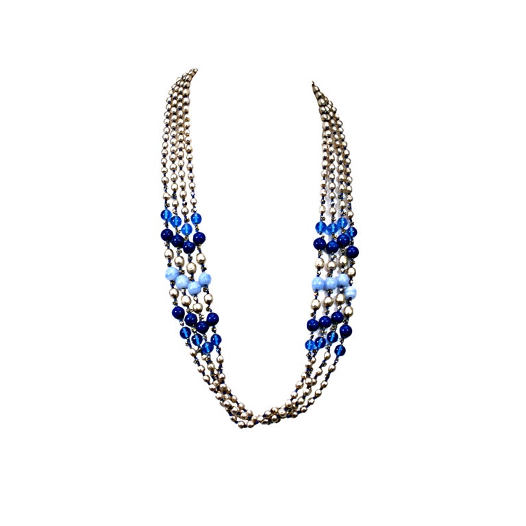 Miriam Haskell Pearl and Blue Glass Multistrand Necklace For Sale