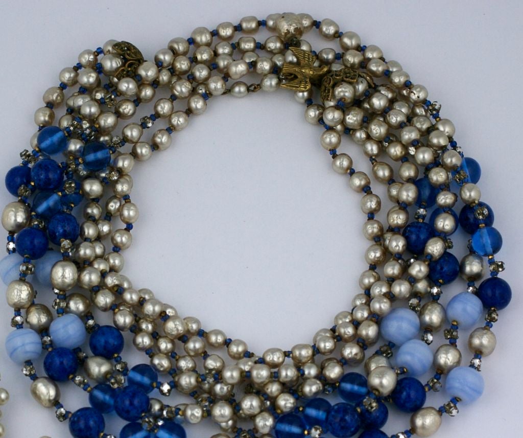 Miriam Haskell Pearl and Blue Glass Multistrand Necklace For Sale 1