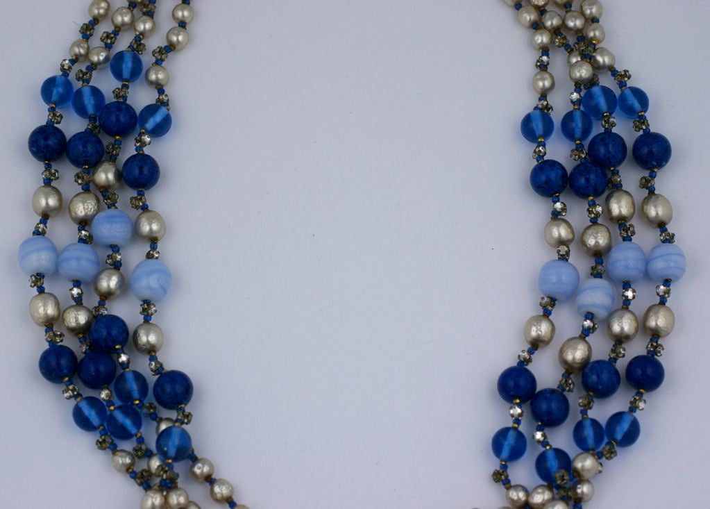 Miriam Haskell Pearl and Blue Glass Multistrand Necklace For Sale 2