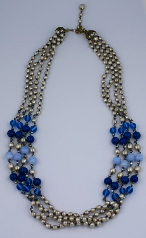 Miriam Haskell Pearl and Blue Glass Multistrand Necklace In Good Condition For Sale In New York, NY