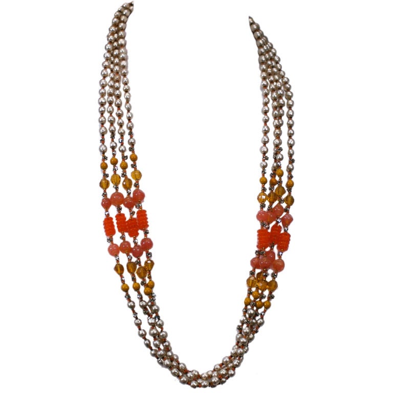 Miriam Haskell Pearl and Orange Glass Multistrand Necklace For Sale