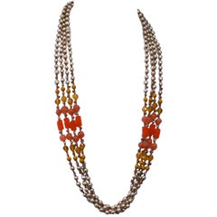Miriam Haskell Pearl and Orange Glass Multistrand Necklace