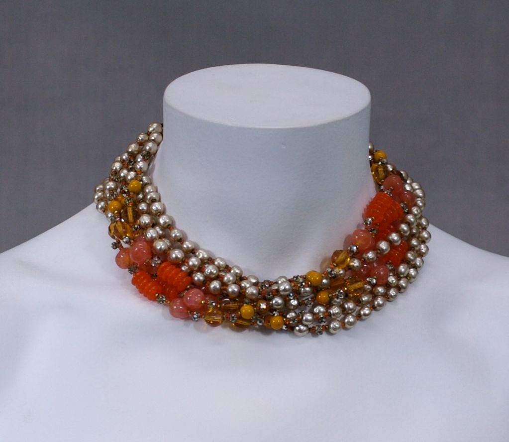 Miriam Haskell Pearl and Orange Glass Multistrand Necklace For Sale 2