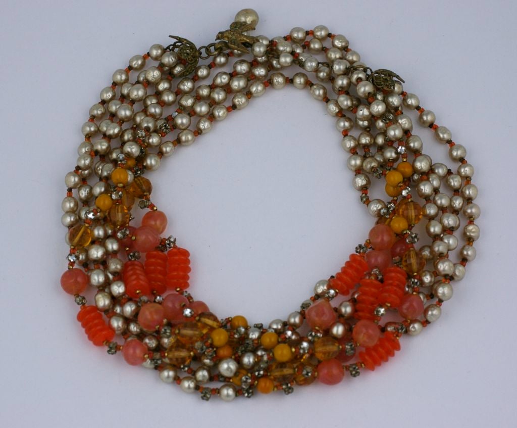 Miriam Haskell Pearl and Orange Glass Multistrand Necklace For Sale 1