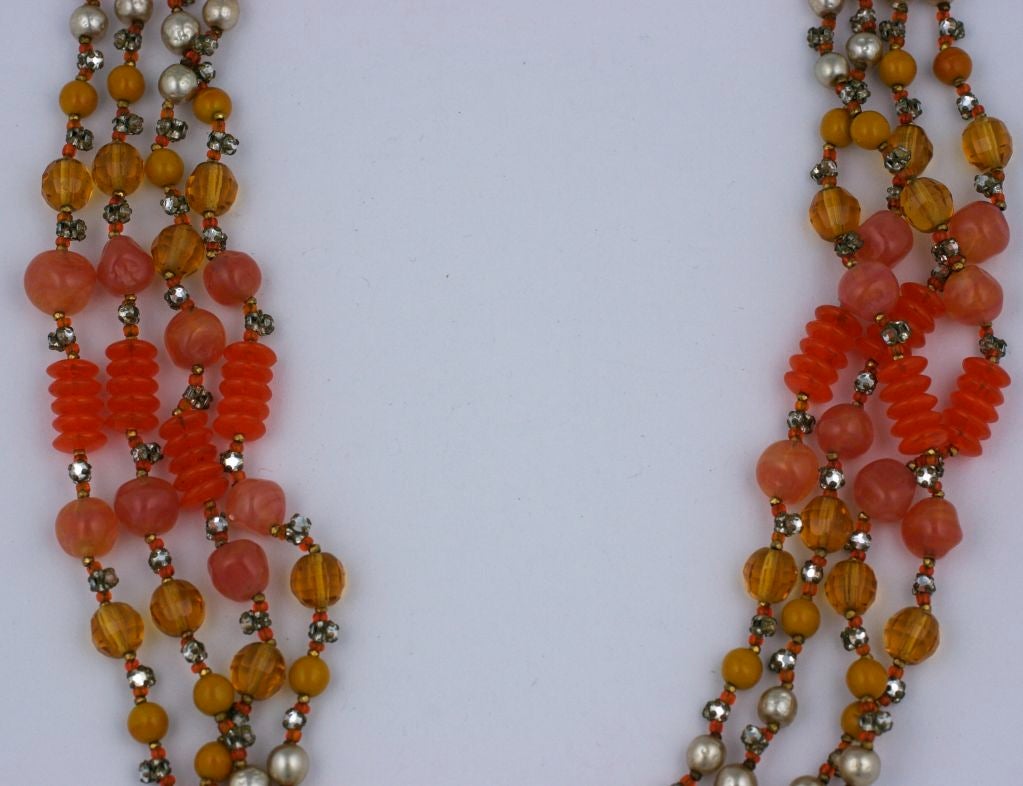 Miriam Haskell Pearl and Orange Glass Multistrand Necklace In Excellent Condition For Sale In New York, NY
