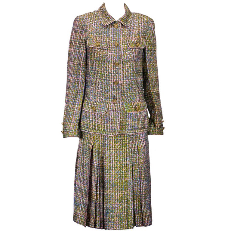 Vintage Chanel Suits, Outfits and Ensembles - 287 For Sale at 1stDibs   white chanel suit, chanel outfits, ensemble in brown, black and slate blue  tweed comprising jacket, skirt, blouse and beret