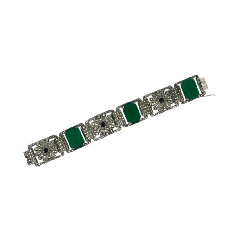 Deco Marcasite and Green Onyx Bracelet For Sale