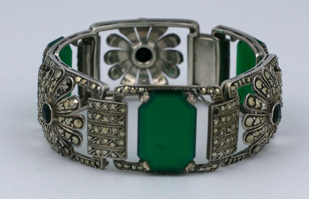 Art Deco Deco Marcasite and Green Onyx Bracelet For Sale
