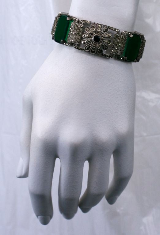 Uncut Deco Marcasite and Green Onyx Bracelet For Sale