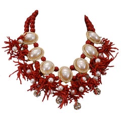 Retro Valentino Branch Coral and Faux Pearl Cabochon Necklace