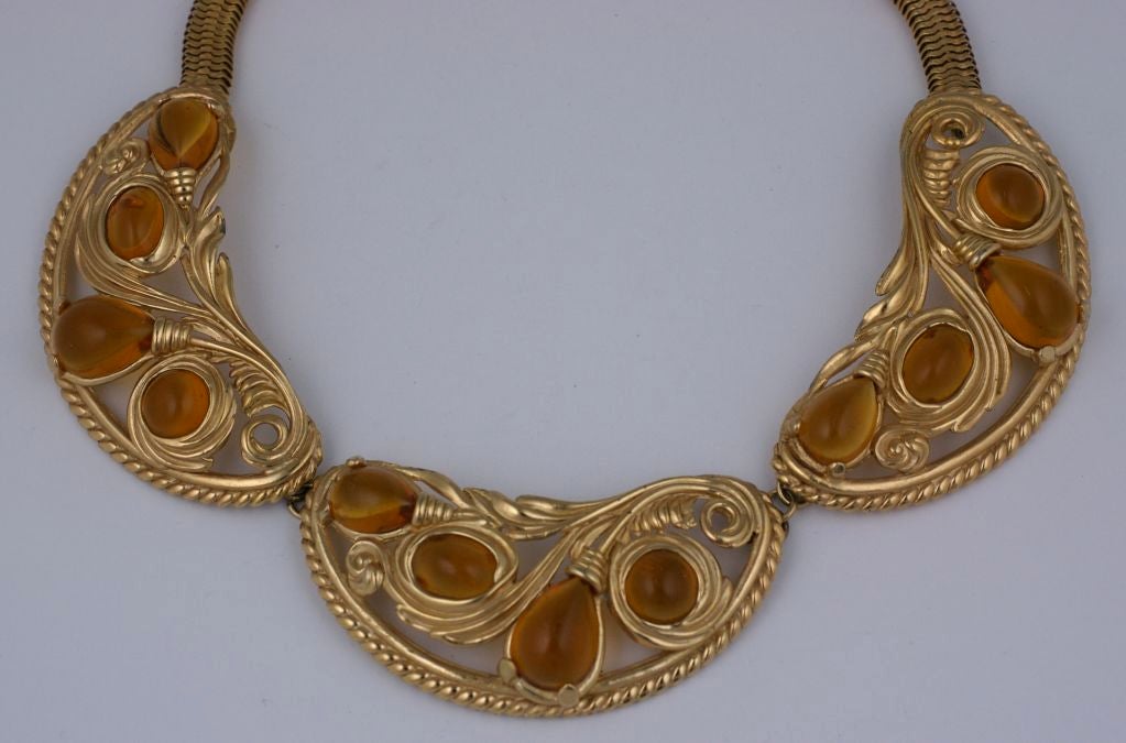 Impressive Napier collar of faux citrines in foliate stations on gilt snake chain circa 1950.  <br />
Adjustable from 14-16