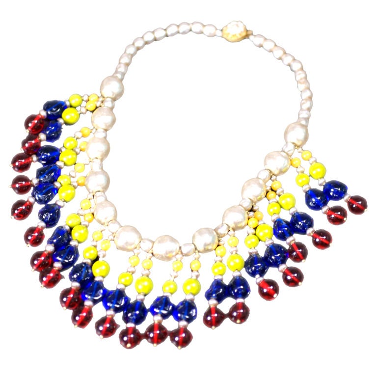 Important M. Haskell 1940's Multicolored  Gripoix Glass Fringed Bib Necklace For Sale
