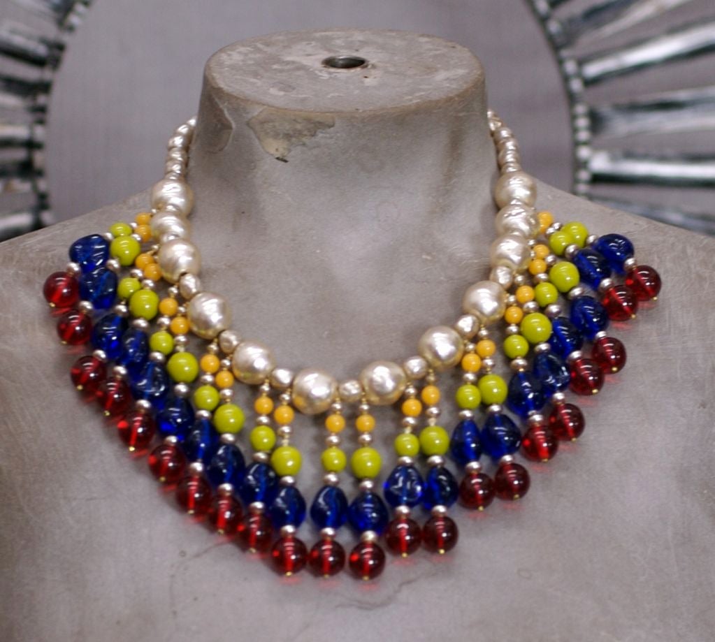 Women's Important M. Haskell 1940's Multicolored  Gripoix Glass Fringed Bib Necklace For Sale
