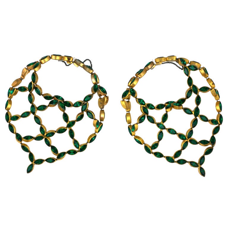 Pair of 1930's Czech Faux Emerald "Scarf " Bracelets For Sale