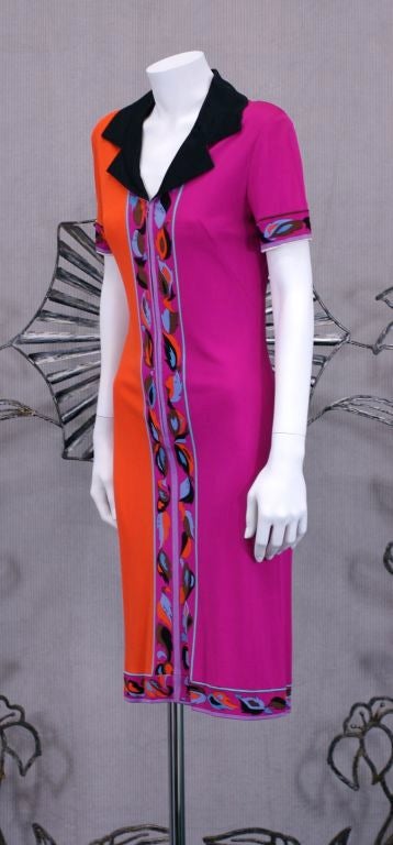 Emilio Pucci silk jersey print shirtdress. Half orange , half fuschia with print boreder and black collar. Zip front entry. Oversized rose print growing up back. 