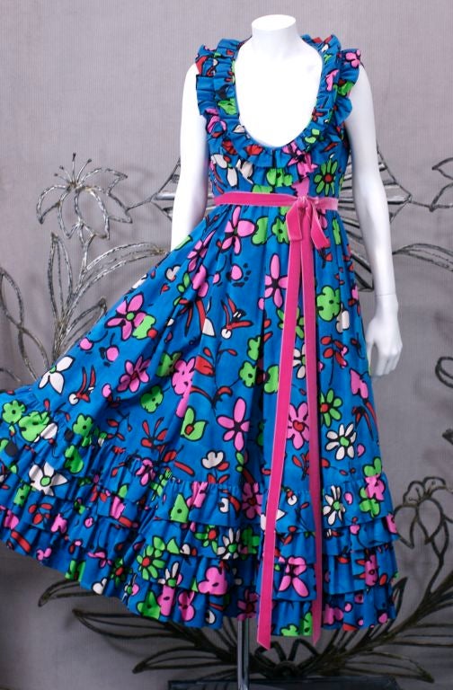 Blue Donald Brooks Cotton Floral Summer Party Dress