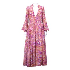 Vintage  Rare Teal Traina Printed Silk Gauze Summer Evening Dress