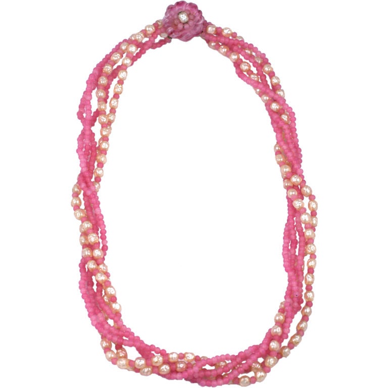 Miriam Haskell Pink  Gripoix Glass and Pearl Torsade Necklace For Sale