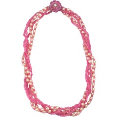 Miriam Haskell Pink  Gripoix Glass and Pearl Torsade Necklace