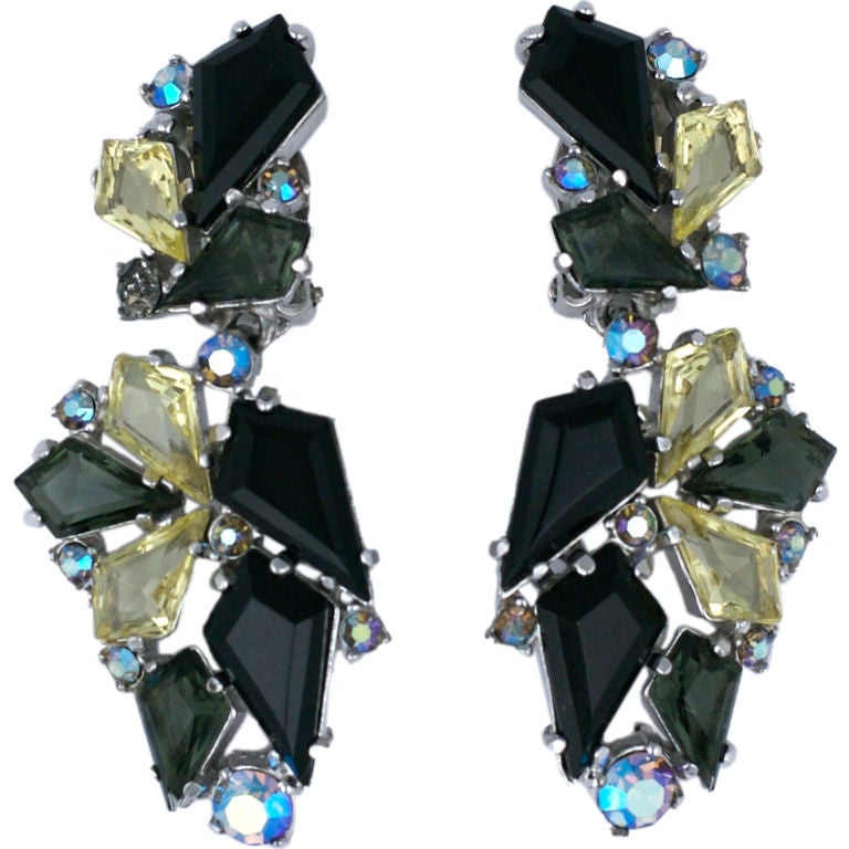 Schiaparelli Jet, Smoke and Citrine Stone Earrings