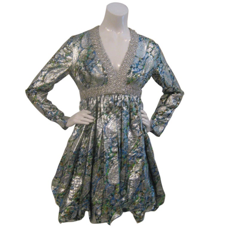 Holt Renfrew Silver Brocade Silk Metallic Dress