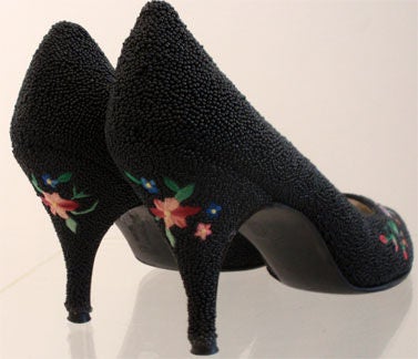 Women's Gi Gi Black Beaded Pumps with Embroidered Flowers, Circa 1950's For Sale