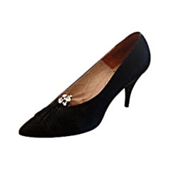 Vintage Ravne Black Silk Pumps with Rhinestone, Circa 1950's