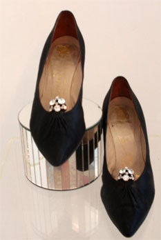 Women's Ravne Black Silk Pumps with Rhinestone, Circa 1950's