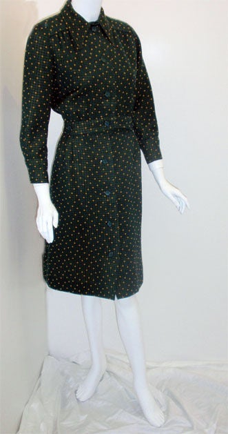 Black GALANOS two-piece green wool skirt ensemble, Circa 1970s For Sale