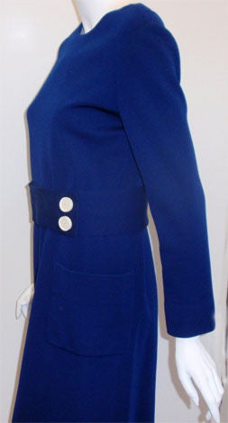 Women's 1960's Norman Norell Royal Blue Wool w. Self-Belt & Button Detail Day Dress For Sale