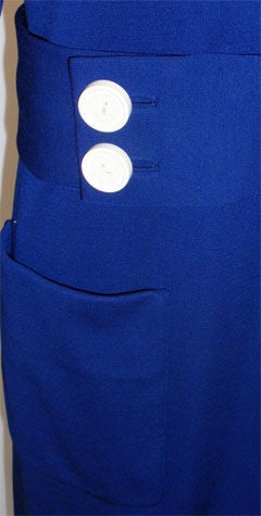 1960's Norman Norell Royal Blue Wool w. Self-Belt & Button Detail Day Dress For Sale 2