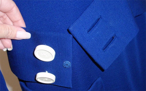 1960's Norman Norell Royal Blue Wool w. Self-Belt & Button Detail Day Dress For Sale 3