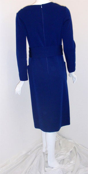 Purple 1960's Norman Norell Royal Blue Wool w. Self-Belt & Button Detail Day Dress For Sale