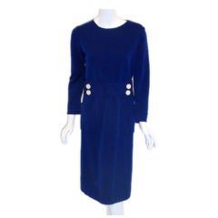 1960's Norman Norell Royal Blue Wool w. Self-Belt & Button Detail Day Dress 8