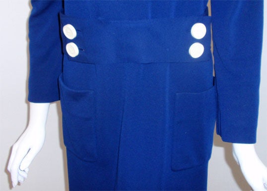 1960's Norman Norell Royal Blue Wool w. Self-Belt & Button Detail Day Dress For Sale 1