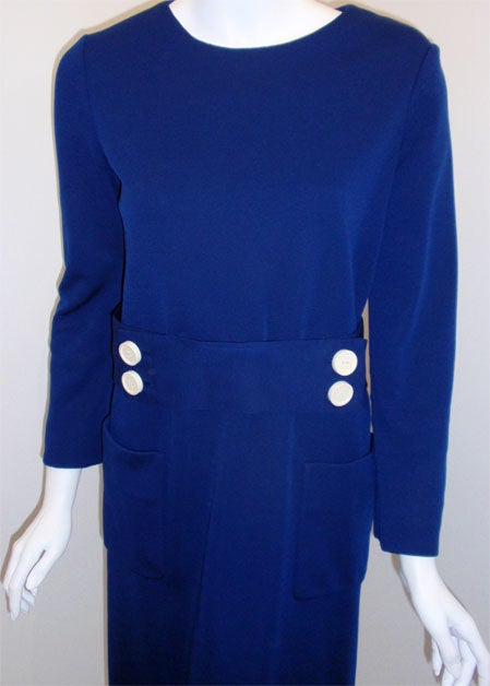 1960's Norman Norell Royal Blue Wool w. Self-Belt & Button Detail Day Dress In Excellent Condition For Sale In Los Angeles, CA