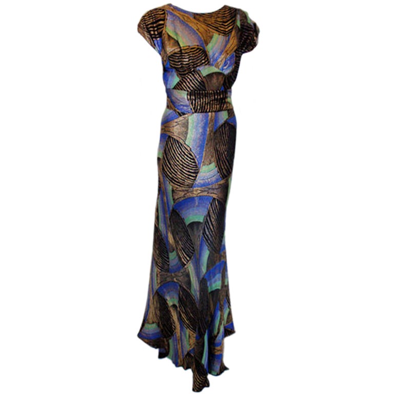 1930s Royal Blue & Gold Art Deco Multi-color Decadent Bias-cut Gown Size 4
