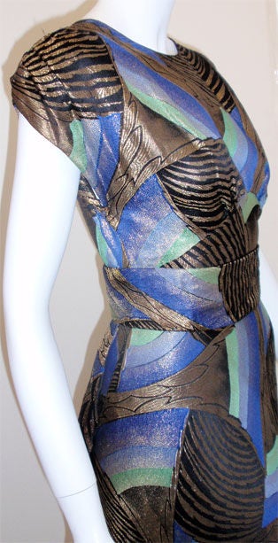 Robe décadente Art Déco multicolore bleu royal et or coupée en biais, taille 4, années 1930 Pour femmes en vente